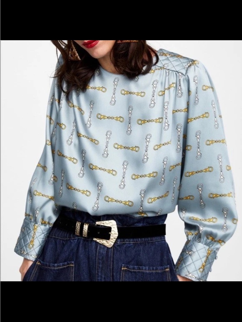 Zara Chain Print Satin Top Blouse Silky Blue Gold Womens XS